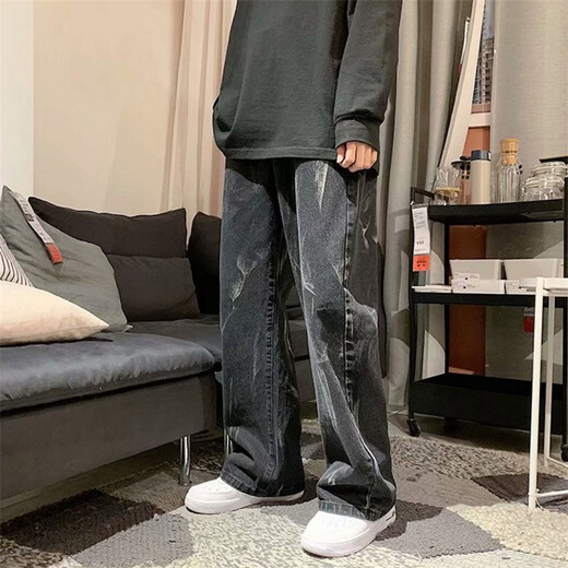 Kefeiwo tie-dyed jeans for men spring high street hip-hop loose wide-leg straight pants handsome casual floor-length trousers Haowei-3317 black XL (recommended weight 120-135 Jin Jin equals 0.5 kg)