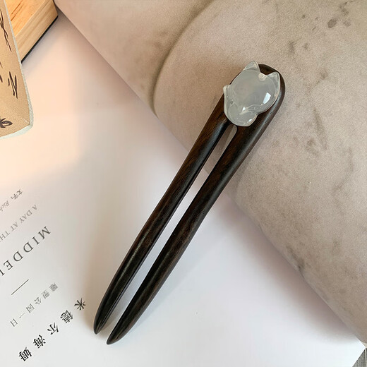 Han Penesi white jade little fox U-shaped ebony hairpin short classic temperament summer gift for girls daily white jade little fox U-shaped hairpin ebony