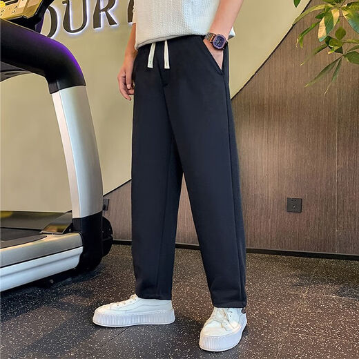 SHANNU pants men's autumn and winter velvet thickening loose sports large size solid color cotton casual student leg drawstring trousers 7710 black (threaded mouth) L (recommended 115-130 Jin Jin equals 0.5 kg)