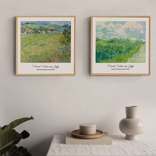 梵高莫奈原木风小清新装饰挂画世界名画客厅餐厅小众油画 F款梵高《绿色麦田》 40*40cm 原木色木纹框+油画布