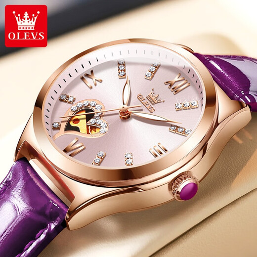 
OLEVS Swiss certified brand watch women's mechanical watch fully automatic waterproof luminous women's watch hollow diamond-set fashion watch OLEVS-6636-Purple rose shell powder