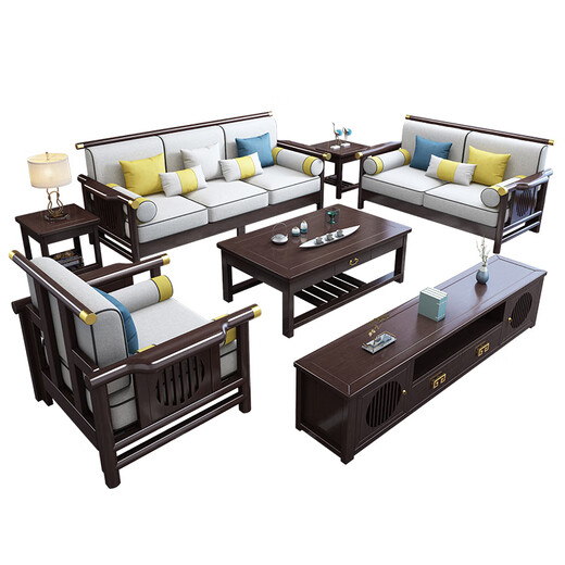 No. 1 Haoting Solid Wood Sofa Modern Chinese Rubber Wood Single and Double Three-person Small Apartment Combination Living Room Furniture New Model 9901# Five-person Seat + Guifei + Drawer Coffee Table [Frame] Cotton and Line Cloth Cover
