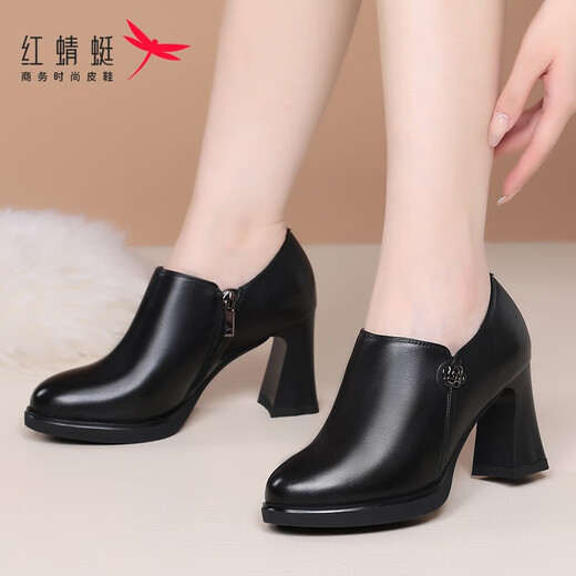Red Dragonfly Women's Boots Genuine Leather Fashion Boots Ankle Boots Autumn and Winter British Style Leather Boots Thick Heel Mom's Shoes High Heels 8cm Black (Heel Height 8cm) 37
