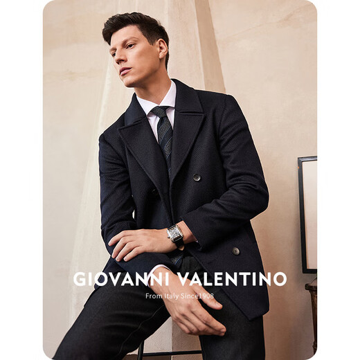 GIOVANNI VALENTINO wool mid-length woolen coat jacket men's business casual windbreaker suit collar slim top Navy XL