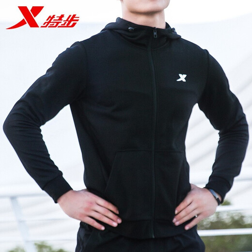 特步卫衣男装运动外套男2025春夏新款防风纯色夹克男舒适休闲长袖 黑-9276（连帽） 2XL