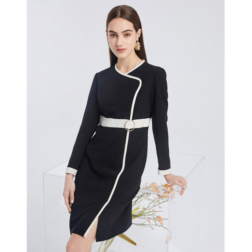 EITIE Autumn New Shopping Mall Same Style Belted Contrast Color Fashion Elegant Long Sleeve Hip Cover Dress Women 6007733 Black 2038/M/160-84A