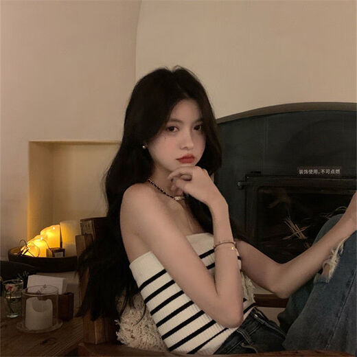 HONGSILINYI strapless tube top, beautiful back, hot girl suspender top design, summer striped knitted vest for women, white, one size fits all, 75Jin Jin is equal to 0.5kg -120Jin Jin is equal to 0.5kg