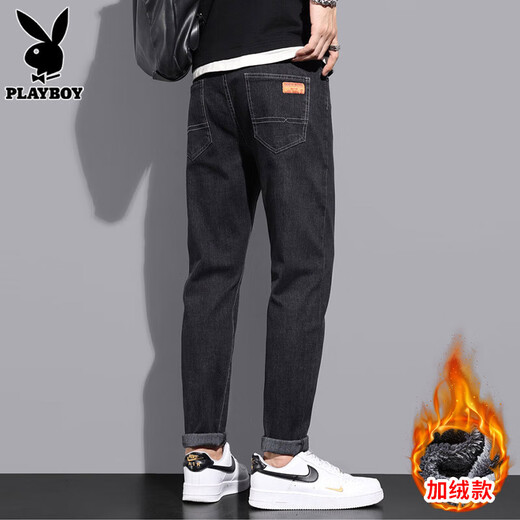花花公子（PLAYBOY）冬季牛仔裤男士加绒加厚新款潮牌帅气百搭长裤子男裤秋冬 6621蓝色 34