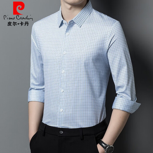 皮尔卡丹（pierre cardin）重磅桑蚕丝男士长袖衬衫中年休闲高端商务免烫格子衬衣男 9901红格衬衫 M 建议95-120斤
