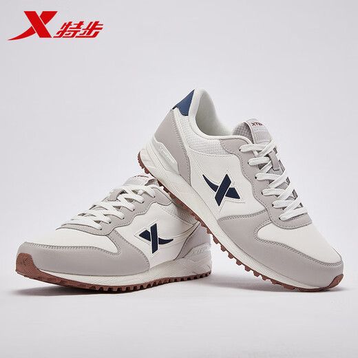Xtep men's shoes, sports shoes, men's spring leather shoes, running shoes, non-slip wear-resistant mesh, travel shoes, casual jogging shoes, men's sail white/pigeon gray-722 40