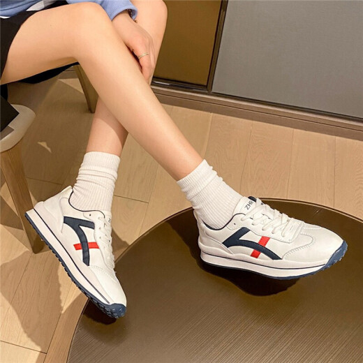 ZHR casual shoes women's flat fashion contrasting color women's shoes trendy splicing cowhide Forrest Gump shoes women's comfortable and versatile G396 rice blue 37