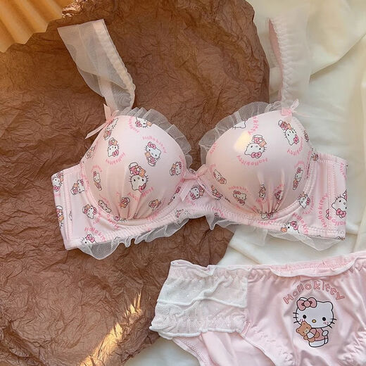 Hello Kitty Soft Cute KT Cat Underwear Cute Japanese Girl Sweet Lace Wireless Anti-Sagging Bra Girlfriend Gift Pink Suit M 34/75 AB