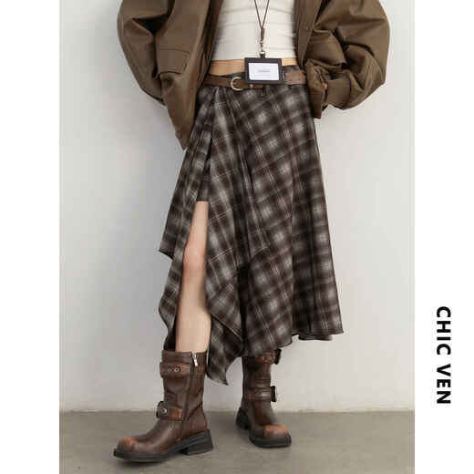 CHIC VEN 2025 new winter design high waist irregular contrasting plaid brushed skirt long skirt for women chicven black M