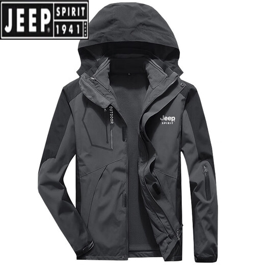 JEEP SPIRIT Jacket Suit Men's Three-in-One Windproof Fishing Jacket Autumn and Winter Plus Velvet Thickened Outdoor Mountaineering Wear LZ1201 Men's Black +16599 Pants 2XL