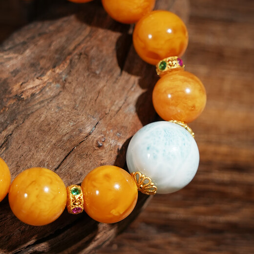 Qingchengshan Amber Beeswax Bracelet Presbyopic Wax Sea Pattern Stone Bracelet Limited Edition High Quality Fidelity Birthday Gift for Men and Women 13mm+ Presbyopia Wax Sea Pattern Stone Bracelet+ Expired