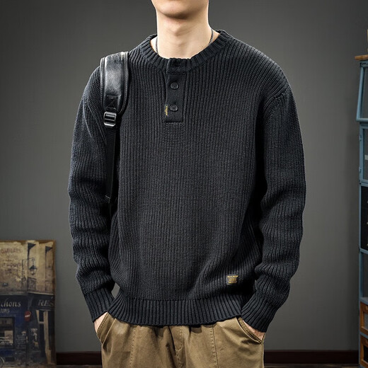 New Balance Sweater Men's 2025 Autumn Trendy American Retro Henley Collar Versatile Heavy Casual Autumn and Winter Sweater Jacket Gray Blue XL Size