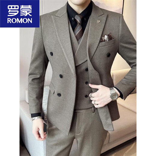 ROMON woolen suit men's suit double-breasted autumn and winter thickened warm jacket handsome wedding banquet dress men's fashion gray suit trousers 5XL 175185Jin Jin equals 0.5 kg