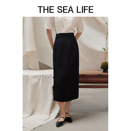 
THE SEA LIFE Ou Hai Yisheng New Chinese style high-waisted skirt for women 24 summer waist-hugging high-end black buttoned skirt Y16866 Black Mage L