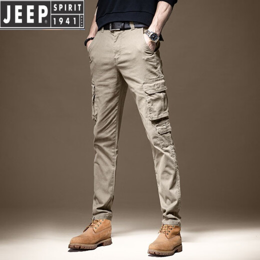 JEEP SPIRIT overalls men's 2025 new slim fit casual pants men's multi-pocket special training pants Korean style trendy paratrooper pants overalls quality 680 black 32 (waist 2 feet 5)
