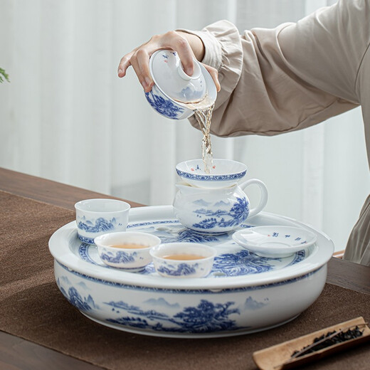 SUSHI CERAMICS National Trend Blue and White Kung Fu Tea Set Water Storage Tray Three-Cai Cover Bowl Teapot Thin Body Teacup Large Set Gift Box J0429