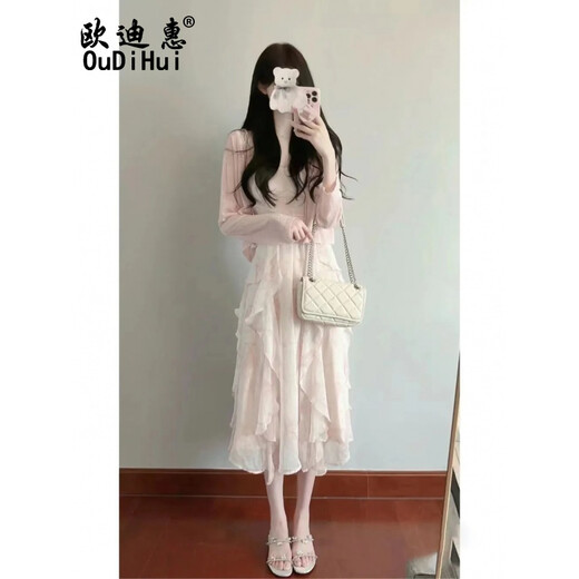 
Odihui French dress women's 2025 summer new first love gentle style floral suspender skirt women's clothes set pink cardigan + suspender skirt M