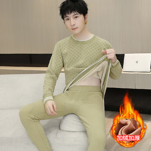 ZENGZHI NIUZAI德绒发热条纹保暖内衣男生套装冬季加绒加厚打底衫青少年秋衣秋裤 689卡其【加绒加厚】 2XL 约115-135斤可穿