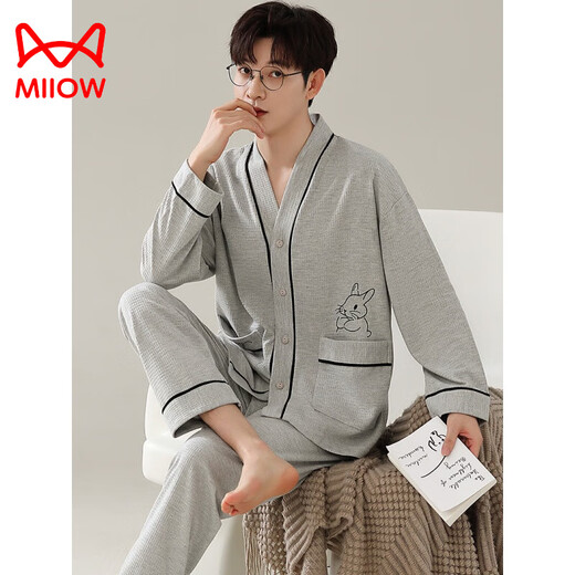 
Catman (MiiOW) pajamas for men in spring and autumn new pure cotton long-sleeved large-size autumn and winter style can be worn on the outside sports cardigan home clothing set LS1343 cardigan set Men 3XL [recommended 160-180Jin [Jin equals 0.5 kg]]