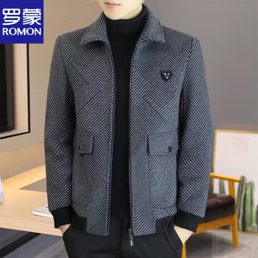 ROMON woolen woolen jacket men's short autumn and winter new lapel woolen men's thickened warm casual jacket gray H856 M90-115Jin Jin equals 0.5 kg