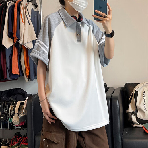 POUM短袖男夏季日系撞色T恤ins潮牌高街宽松插肩袖拼色翻领polo衫 HN-T3527灰身黑袖 M (建议90-115斤)