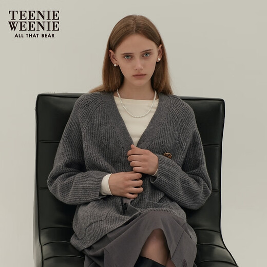 Teenie Weenie Australian wool + yak cashmere blend bear winter clothing relaxed and fashionable knitted cardigan for women dark gray M (165)