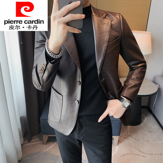 Pierre Cardin international brand high-quality leather clothing men's autumn and winter new slim leather jacket outer light luxury suit leather clothing black M