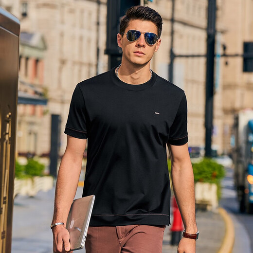 Mr. Bu Brand Logotipo redondo Camiseta de algodón de algodón Moda de algodón y ropa de verano para hombres de manga corta al 2012052 Black L (175)