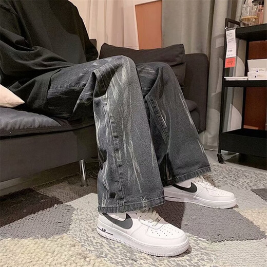 Kefeiwo tie-dyed jeans for men spring high street hip-hop loose wide-leg straight pants handsome casual floor-length trousers Haowei-3317 black XL (recommended weight 120-135 Jin Jin equals 0.5 kg)