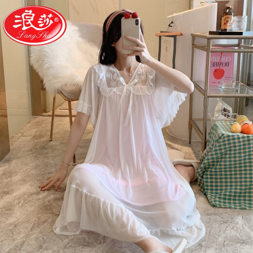 浪莎（LangSha）宫廷风公主睡裙夏季薄款甜美莫代尔睡衣蕾丝花边网纱冰丝家居服夏 W7371 2XL 【推荐140-155斤穿】