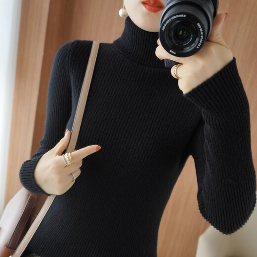 Qingxi turtleneck base shirt for women in autumn and winter slim long-sleeved top pullover short black sweater women versatile sweater for women rice camel color L