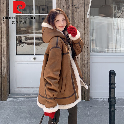 皮尔卡丹（pierre cardin）美拉德穿搭棕色连帽羊羔绒皮毛一体外套女冬季新款加厚机车服女装 棕色 升级版 加厚 S (110斤内)