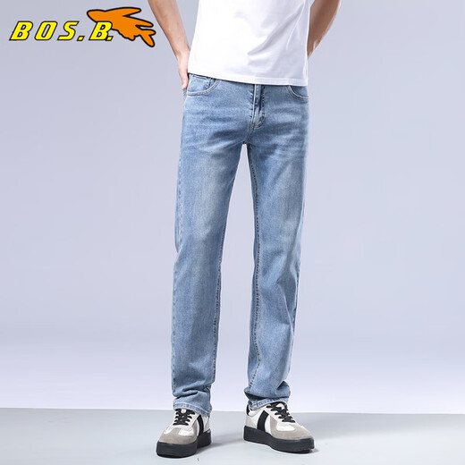 博世堡（BOS.B）牛仔裤男2024秋季新款中腰合体直筒宽松潮流休闲弹力男士长裤子 浅蓝色（15901） 36（建议170-180斤）