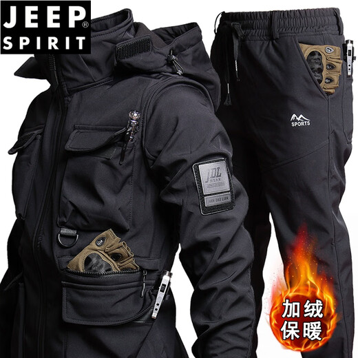 JEEP SPIRIT Outdoor Military Fan Tactical Military Fan Black Men's Waterproof Velvet Jacket Jacket Suit Jacket Workwear Military Style 622 Black Suit 185 (170-185Jin Jin is equal to 0.5 kg)