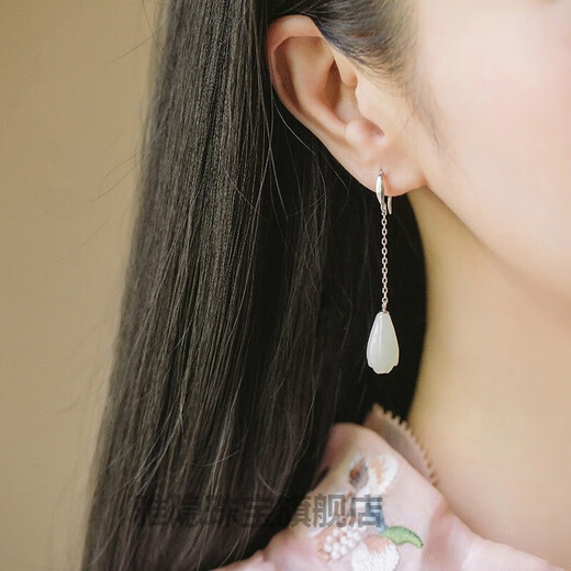 雅隐 s925银和田玉兰花耳环复古中国风文艺气质手工耳饰耳钩不易过敏 【天然和田玉】纯银耳环一对 897
