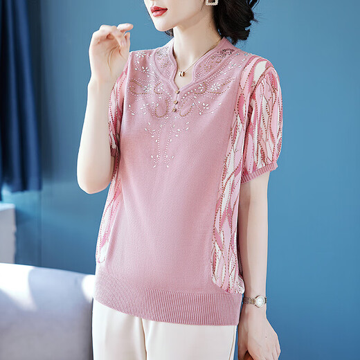 Qiafan Mother's Mother's Summer Set New Ice Silk Top Top Milieu d'âge moyen et âgée T-shirt Small Shirt Shirt Short à manches courtes en deux pièces An15258 Pink + Black Elastic Pantal