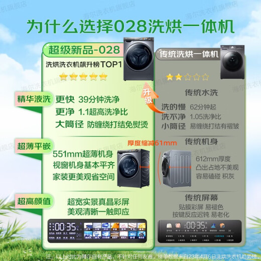 海尔（Haier）【028精华洗】14126升级款薄洗衣机洗烘一体10公斤全自动家用大筒径智能投放晶彩大屏 以旧换新 精华洗+洗烘一体+机身551mm+1.1高洗净比