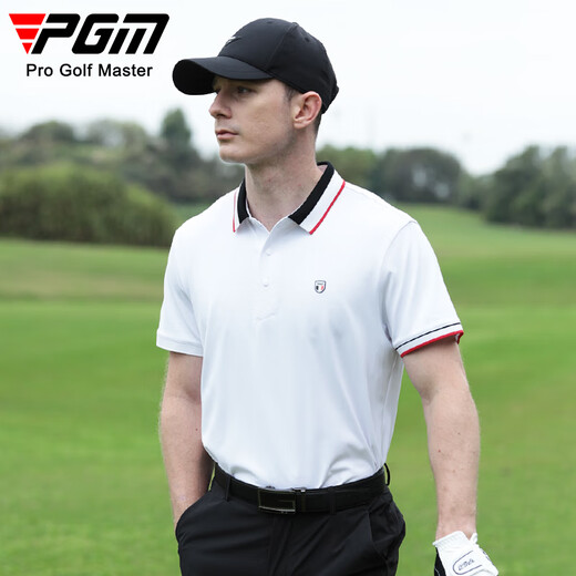 
PGM golf clothing men's short-sleeved summer sports t-shirt antibacterial elastic polo shirt color-blocking ribbed collar men's clothing YF684-white [top] L