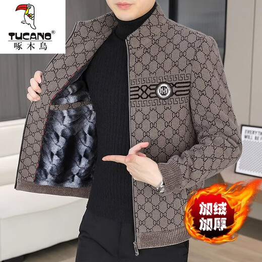 Woodpecker Stand Collar Jacket Men's Velvet Thickened Warm Korean Slim Fit Short Woolen Coat Jacket 8005 Khaki Velvet 2XL 140-160Jin Jin equals 0.5 kg