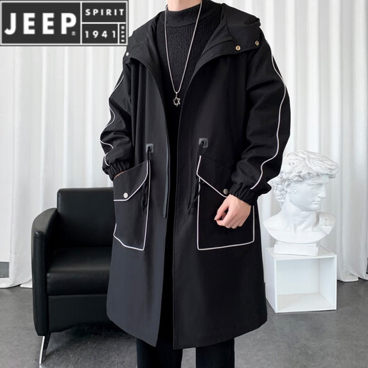 JEEP SPIRIT windbreaker boys spring and autumn hooded mid-length men's loose casual over-the-knee coat winter cotton thickened coat black 996-cotton S 90-100Jin Jin equals 0.5 kg