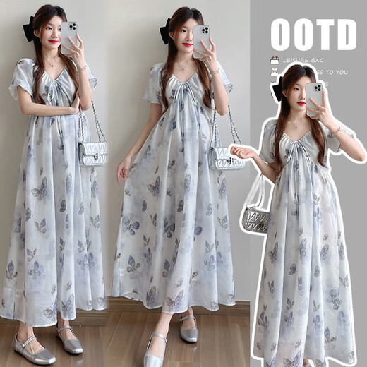 Yibaiyi (Yibaiyi) Neues 2025 Sommerkleid romantische lässige Freizeit mit V-Ausschnitt Spitze Langer Rock Loous Mutterschaftsrock Blau XL130-150JIN [Jin ist gleich 0,5 kg]