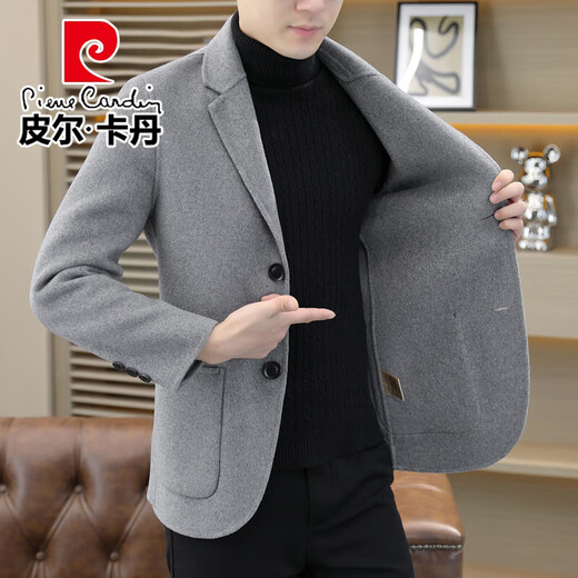 Pierre Cardin double-sided woolen woolen blazer men's autumn and winter short coat business casual suit solid color top light gray XL