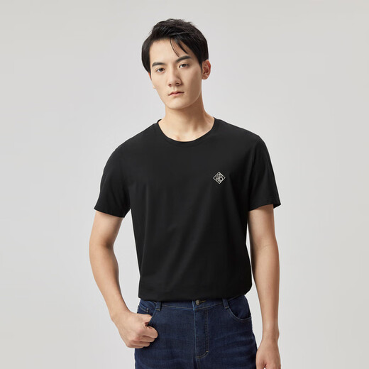 
Jinba Men's Clothing [Same Model in Shopping Mall] Short-sleeved Cotton T-shirt 2025 New Mulberry Silk Round Neck BTCT1301 Black M (170)