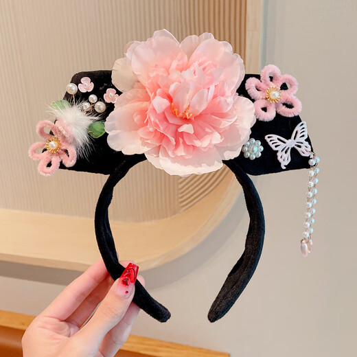 DING FEI 2024 new style princess girl hairband headband Hanfu face wash palace style ancient style headdress pink central three flowers double five petals flower square flag hair A28-306
