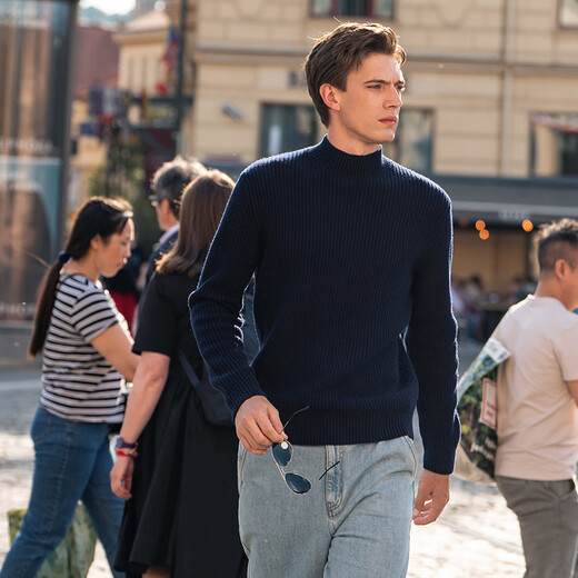 
Mr. Cloth pure cardigan spring and autumn soft glutinous solid color thick knitted base sweater men BT12158 deep sea blue M (170)