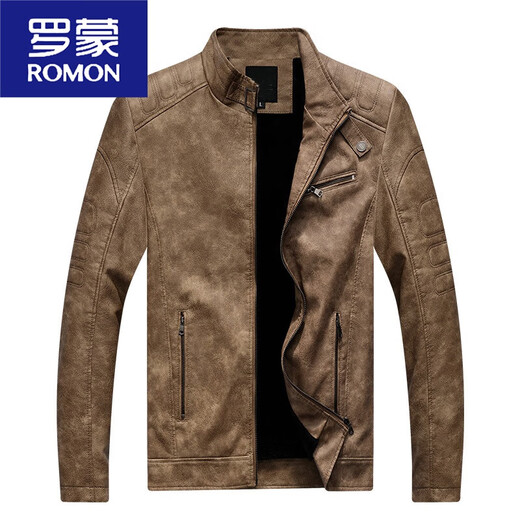 ROMON (ROMON) 2025 new men's motorcycle leather jacket leather jacket slim-fit stand collar brown imitation leather motorcycle suit retro black [model] plush XL